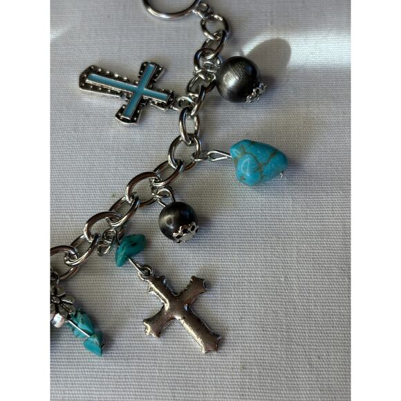 Silver Cross and Turquoise Charm Bracelet Southwest Chunky Western NWT - Picture 5 of 9